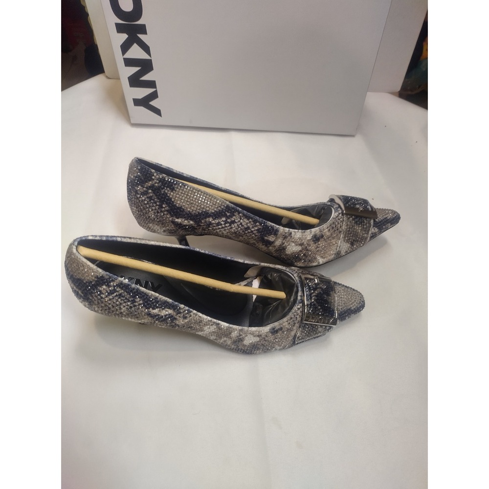 DKNY Womens Rhinestone Snakeskin Print Buckle Pointed Toe Kitten Heel Pumps.
